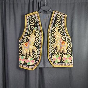 Vintage‎ Embroidered Elephant Vest Unisex Beaded Festival Boho Chic Whimsical